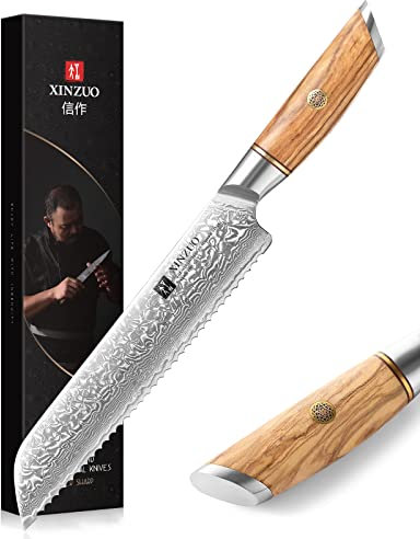 XINZUO Damaststahl Brotmesser 21.2cm, Damastpulverstahl 73 Schichten Küchenmesser, Profi Scharf Damaskus Kochmesser mit ergonomischer Olivenholz Griff -Lan Series