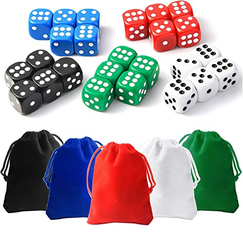25 Pieces Dice Set 6 Sided 5 Colours Spot Dice with Bags for Tenzi, Farkle, Yahtzee, Bunco or Teaching Math Dice Games
