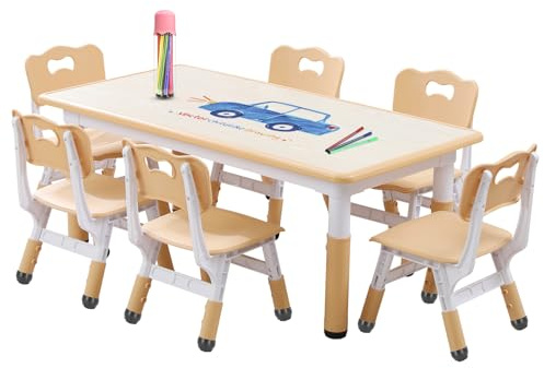 Kids Table and Chairs Set, Height Adjustable Desk With 6 Seats for Ages 3-12,Arts & Crafts Table,Graffiti Desktop, Non-Slip Legs, Max 300lbs, Children Multi-Activity Table for Classrooms,Daycares,Home