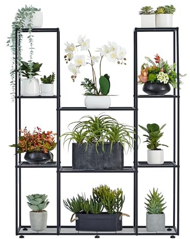 HUSFITLY Plant Stand, 4 Tier Metal Flower Stand Indoor Outdoor, Waterproof Tall Plant Shelf, Heavy Duty Plant Stands for Garden Balcony Yard Living Room, Black