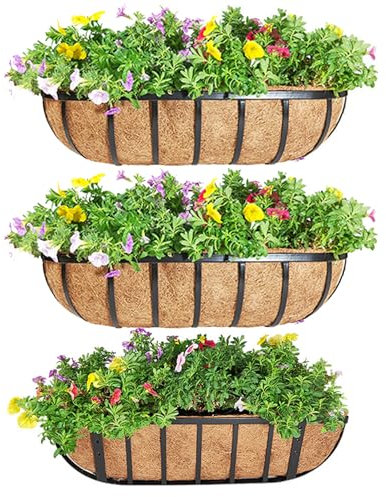 JFFLYIT 2 st 61 cm räcke planterare fönsterlåda, däckräcke planteringslådor med Coco Liner engelskt hästtråg planterare metall väggmonterad planteringskorg för utomhus balkong veranda staket uteplats