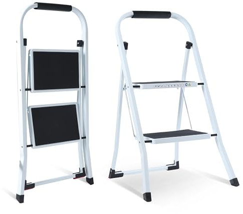 Galvaran 2 Step Ladder – Folding Step Ladder, Portable With Anti-Slip Mat & Comfortable Soft Handgrip, Heavy Duty Steel Step Ladder - Easy to Store Step Ladders, 150KG Max Capacity (2-Step)