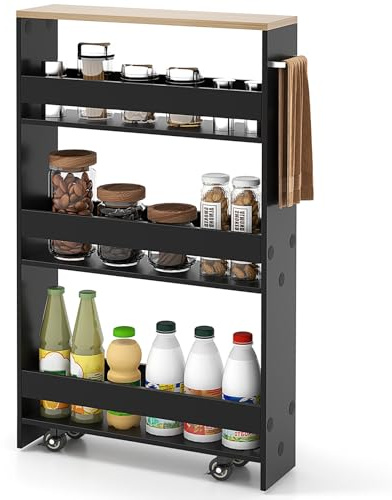 COSTWAY Slim Storage Trolley, 4 Tier Slide Out Rolling Cart on Wheels with Handle, Anti-falling Guardrail, Space-saving Utility Shelving Unit Organizer for Kitchen Office (Black+Natural, 47x13x80cm)