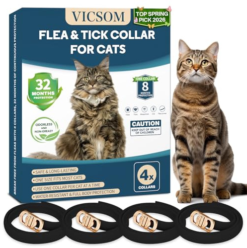 VICSOM 4 Pack Flea and Tick Collar for Cats, 32 Months Treatment, Waterproof Adjustable Kitten Flea Collar, Flea Prevention, Black