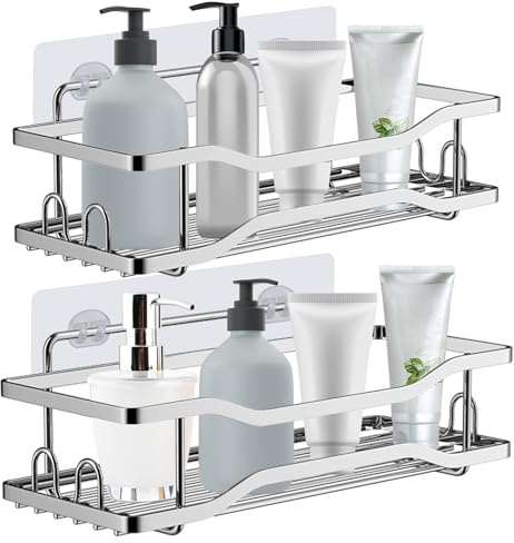 JABNOW 2 Piezas Estanterías de Baño Adhesivo Estantes Cesta para Ducha sin Taladro de Acero Inoxidable, Repisas Organizador para Baño o Cocina, Resistente al Agua y al Oxido -Plata