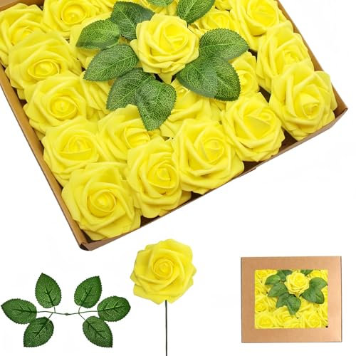 Künstliche Blumen Rosen Mit Stielen, 25 Stück Deko Blumen Künstlich Gelb Rosen, Schaumstoff Rose Für Diy Hochzeit, Valentinstag, Muttertag, Babyparty, Blumensträuße Braut Zuhause Dekoration
