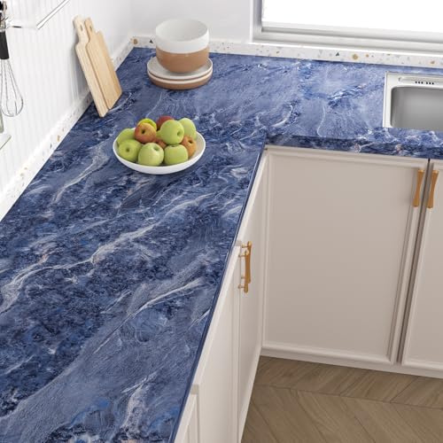 VaryPaper Matte Dark Blue Marble Wallpaper 40cmx200cm Marble Effect Self Adhesive Vinyl Wrap for Furniture Sticky Back Plastic Counter Top Vinyl Covering Bathroom Wallpaper Waterproof Cabinet Table