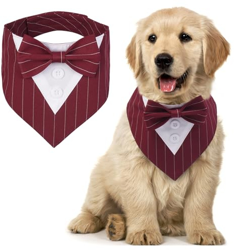 MHaustlie Bandana per Cani Tuxedo Dog Bandana Regolabile con Foulard e Papillon per Cani Piccoli e Grandi (S, Redstripe)