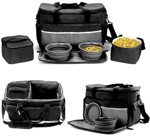 Multi-Use Pet Outdoor Bag with Locking Safety Zippers, Food & Accessory Bag for Traveling Dogs, Cats & Pets - Includes Bowls, Matt, Tag & Shoulder Strap (Black)