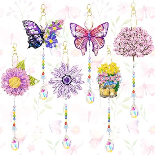 Diamond Craft Kits for Kids, Wind Chimes Gem Art Craft Set, 5D Diamond Art Kits, 6Pcs 5D Diamond Painting Wind Chimes, Crystal Suncatchers for Garden Window