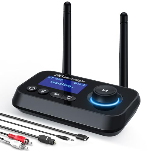 Ainostone 3-in-1 Bluetooth 5.3 Sender Empfänger für 2 Kopfhörer Bluetooth Audio Adapter Großer Reichweite Bluetooth Receiver mit Bypass Low Latency Bildschirm AUX Optisch RCA für TV PC Lautsprecher