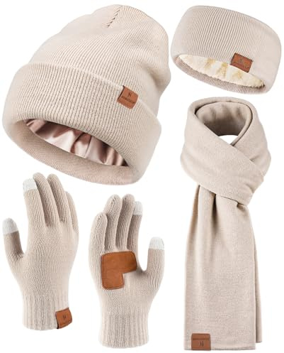 Womens Winter Warm Beanie Hats Gloves Scarf Headband Set for Women Soft Fleece Lined Ear Warmer Knit Scarf Touch Screen Gloves 4 Set Winter Gifts