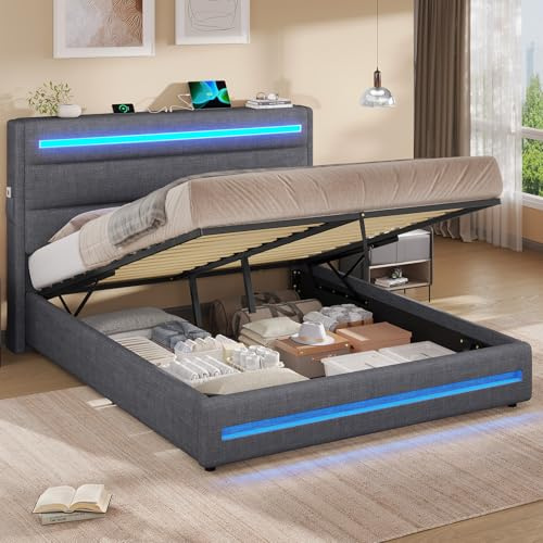 KIMENICH King Bed Frame 150 x 200 cm with LED Lighting, 5ft Upholstered Ottoman Storage Bed With Gas End Lift & Under Bed Storage, Headboard with Storage and USB Type-C Charging, Linen Grey