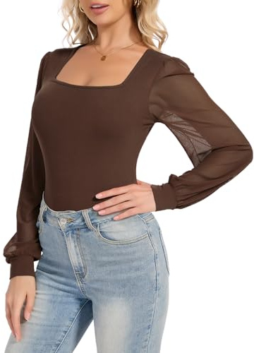SHAPERIN Women Square Neck Bodysuit Long Lantern Sleeve Top Elegant Blouse | Mesh Long Puff Sleeve Body Suit Patchwork Blouse Shirt Going Out Tops Daily Party Wedding Slim Fit Long Sleeve Tops