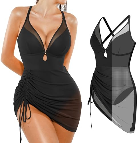 Popilush Shapewear Swimsuit Womens One Piece Swimsuits Tummy Control Swim Dress Slimming Bathing Suit Mesh Sheer Swimdress Black