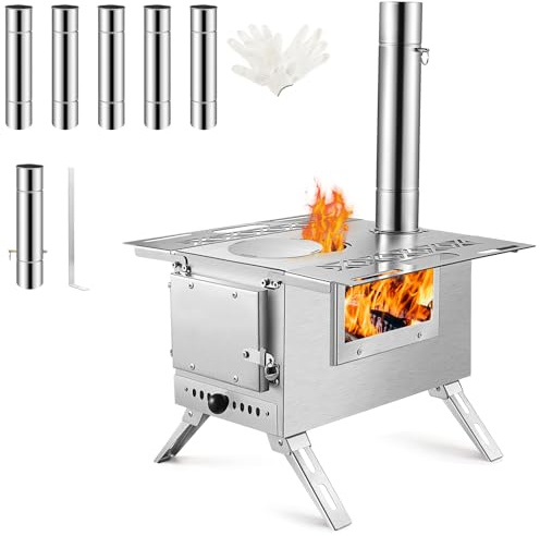 RUIE Hot Tent Stove – Portable Stainless Steel Camping Wood Stove with 6 Chimney Pipes, Side Window & Foldable Cooking Shelf for Winter Camping & Hunting