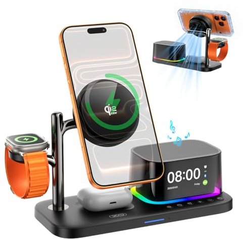 5in1 Charging Station for Apple Device【25W Fast Charging+Instant Cooling】 QI2.2 Magnetic Wireless Charger with Speaker and Alarm,Built-in Fan&LED Light Compatible with MagSafe for iPhone/Watch/AirPod