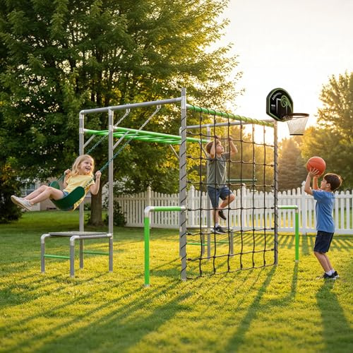 LeisureStar Outdoor Jungle Gym 7-in-1 with Climbing Net, Basketball Hoop, Monkey Bars, Climbing Set, Trapeze Swing Bar, Belt Swing, Kids Gymnastics Bars, Powder Coated Galvanized Steel for Backyard