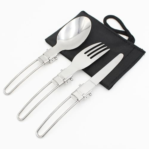 Couverts de Camping 3 Pièces, Couverts Pliables en Acier Inoxydable avec Sac en Coton - Cuillère, Fourchette, Couteau pour Randonnée, Voyage, Pique-nique - Kit Repas Portable et Léger