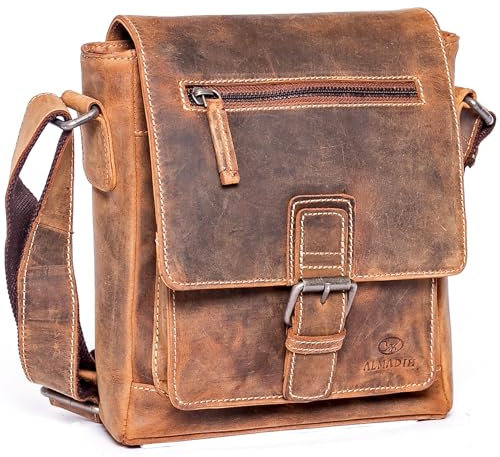 ALMADIH Leder Umhängetasche Herren LUIS perfekt für Tablet iPads 9.7 zoll - Kompakte echte Ledertasche Herren Schultertasche kleine Herrentasche Herrenhandtasche Männer braun (LUIS vintage)