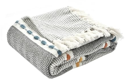 Lush Decor Herringbone Stripe Woven Tassel Yarn Dyed Cotton Throw Blanket 50 W x 60 L Black & Multi - Striped Throw Blankets - Black Couch Blanket