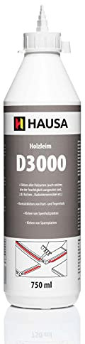 HAUSA Holzleim D3 extra starker, wasserfester Holzkleber für Innen & Außen, Kaltleim für alle Holzarten, Feuchtigkeits- & Hitzebeständig, schnell trocknend, transparent, lösemittelfrei, 750ml
