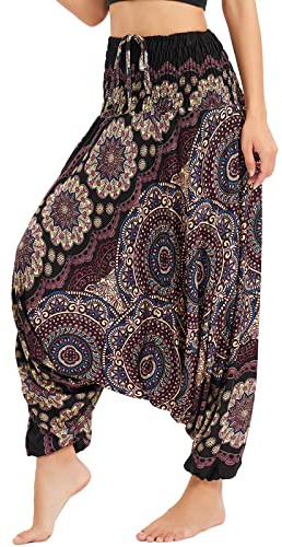 Nuofengkudu Mujer Harem Pantalones Jumpsuit Boho Cintura Alta Verano Playa Floral Oro Negro