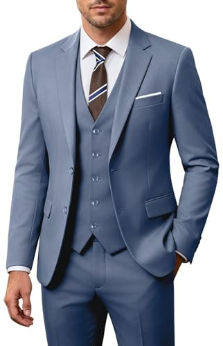 Holivyer Ensemble de Costume 3 pièces pour Homme, Coupe ajustée, Blazer à Deux Boutons, Veste Unie, Gilet, Pantalon, Costume d'affaires de Mariage, Bleu Jean, L