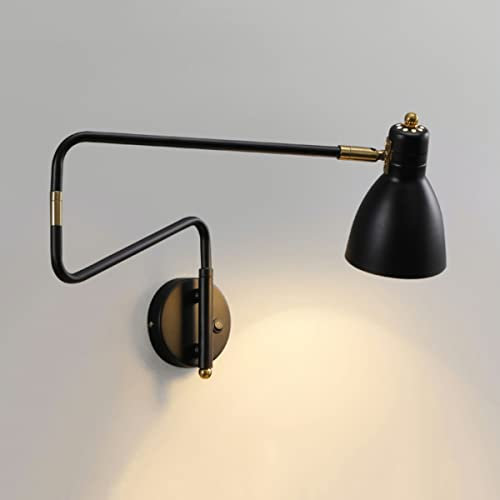 EOEO Innen Wandleuchte mit Schalter Vintage Schlafzimmer Bettlampe Wandlampe 360° Drehbare Metall Langer Arm, Wohnzimmer Wand-Leselampe, Retro E27 Verstellbare Wandspot für Flur Esszimmer,Schwarz