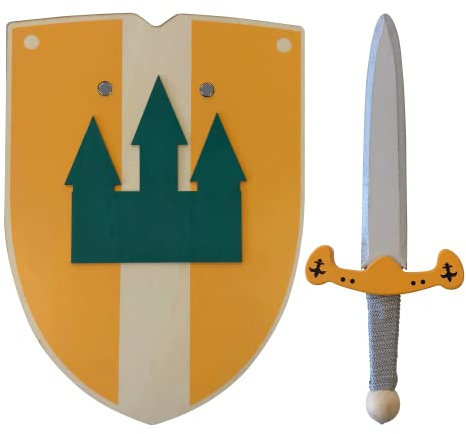 Espada y Escudo de Caballero de Madera Artesanales - Juguete para Niños y Niñas - Complemento para Juegos, Juegos Imitación, Disfraz, Medieval, Guerrero, Fiesta Temática , Edad Media (30 cm, Amarillo)