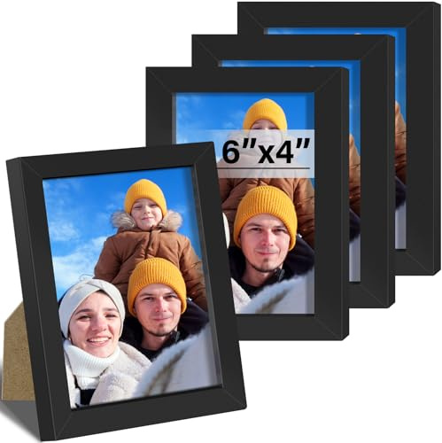 XHDA 4 Pack Black 6x4 Photo Frames with Mount for Wall and Table Display | MDF Frame, HD Plastic Window with Protective Film, Horizontal or Vertical Display, for Photos and Home Decor