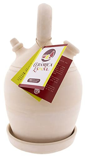 CERÁMICA ESPAÑA | Contenitore di fango tradizionale spagnolo | Botijo maniglia rotonda Base larga | 100% fatto a mano | 4 litri | Eco | Piatto incluso