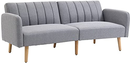 HOMCOM Canapé Convertible 2 Places Design scandinave Dossier inclinable 3 Positions Pieds Bois Tissu Aspect Lin Gris