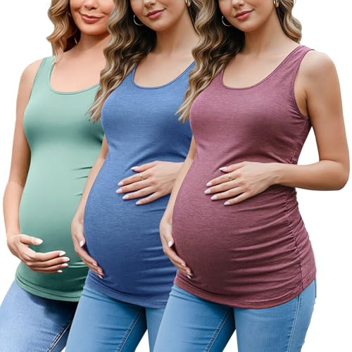 Umstands-Tanktops für Damen, gerüscht, ärmellos, Basic-Tops, Umstandsshirt, Weste, Schwangerschafts-T-Shirt, Blaugrün/Salbeigrün/Burgunderrot, Mittel