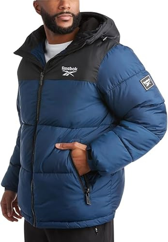 Reebok Men's Winter Jacket - Heavyweight Quilted Puffer Parka Coat - Weather Resistant Ski Jacket for Men (8-20), Black/Nothern Night, X-Large