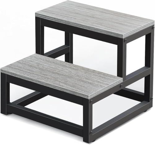 LIANTRAL Tritthocker für Erwachsene und Kinder, 2-Stufen-Hocker, Heavy Duty Stahl und Stabiler hölzerner Hocker, Tragfähigkeit bis zu 200KG, Tritthocker für Bett, Küche, Bad, Grau