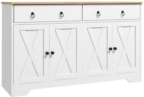 HOMCOM Buffet Meuble de Rangement Armoire de Cuisine Style Rural 2 tiroirs et 2 placards avec étagères à hauteurs réglables - dim. 121L x 37l x 75H cm Blanc