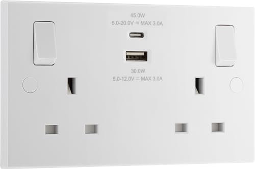 BG Electrical 45W Double Switched Power Wall Plug Socket with Super Fast Charge Type A & C USB Charging Ports, Square Edge, Nexus 900 Series, White Moulded, 13A, 922UAC45