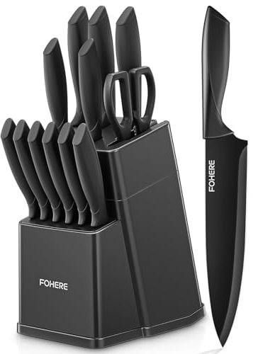 FOHERE Juego de cuchillos de cocina con afilador integrado, 13 Piezas Negro Revestimiento de Antiadherente, Cuchillos Cocina con Mango Ergonómico y Acero Inoxidable, Gris Mate