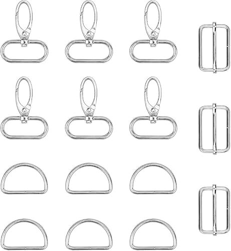wadafen Taschenzubehör zum Nähen 38mm,15 Stk Enthalten D-Ringe Drehverschlüsse Schlüsselanhänger,Triglide-Schiebeschnalle,D-Ringe Schiebeschnallen,für DIY-Handtaschen,Schlüsselanhänger