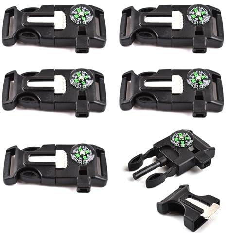 Lot de 6 boucles multifonctionnelles pour extérieur, avec boussole, équipement de survie, bracelet en paracorde, bracelet d'urgence, pour camping, voyage en plein air, survie d'urgence