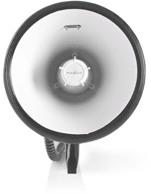 NEDIS MEPH250WT Megáfono - 1500 m de Alcance - 120 dB - Micrófono Desmontable - Sirena integrada - Grabación y reproducción USB - Correa para el Hombro - Blanco/Negro