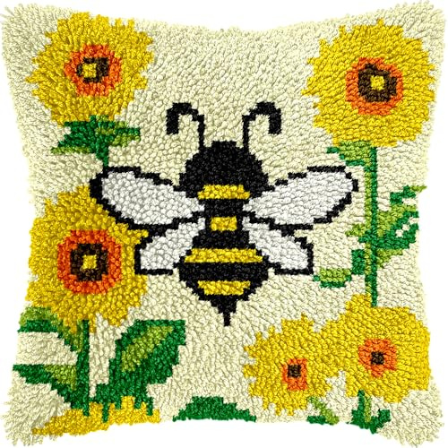 veirousa Bee Sunflower Latch Hook Kits for Adults Beginners, Pre-Printed Animal Latch Hook Pillow Kit, Craft Rug Making Kits, DIY Embroidery Cushion for Home Sofa Decor & Gift Idea 17x17 in.