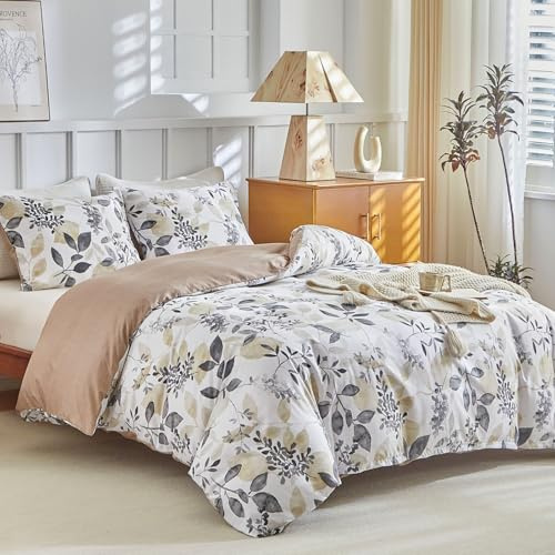 Lekesky Housse de Couette 220x240 cm avec 2 Taies d'oreiller 65x65 cm - Motif de Feuilles d'automne Parure de Lit 220x240 - Ensembles de Housses de Couette en Microfibre avec Fermetures éclair, Kaki