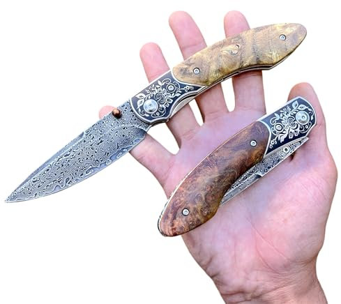 Obespina Couteau Pliant Poche Damas Luxe forge artisanat chasse lame Tranchante Manche bois Stabilisé Collection Cadeau Homme custom camping edc decoupe linerlock exterieur massif