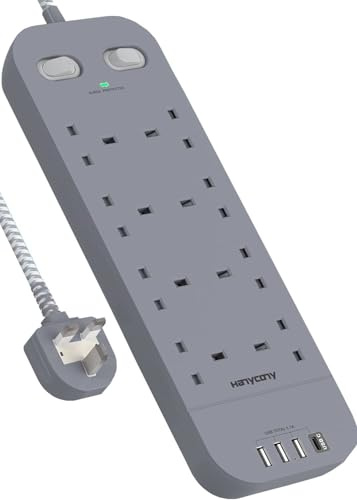 Extension Lead with USB Slots, HANYCONY 8 Way Outlets Power Strip with 4 USB Ports, 1800J Surge Protection Double Switch Plug Extension with 1.8M Braided Extension Cord for Home Office, Gray