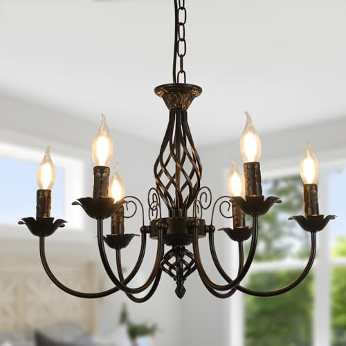 Comely Lampara Araña Techo Negro, 6 Luces E14 Lampara Colgante Techo Vintage Ajustable Candelabro, Lámpara de Techo Rusticas para Cocina, Comedor