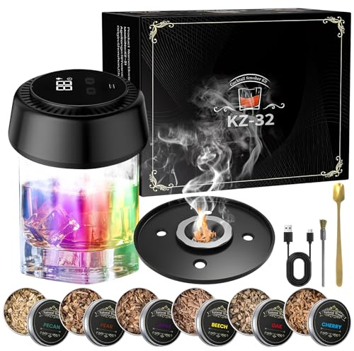 Bindokun Set di affumicatore elettrico per whiskey con illuminazione a LED, set di affumicatura per whisky vecchio stile con 6 chip di legno, USB-C ricaricabile, accessori per cocktail per whisky e