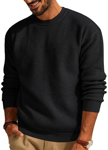 QUNERY Maglione Girocollo da Uomo Pullover Autunno Invernale Maglia Waffle Lavorato Maglioni Casual Manica Lunga Nero L