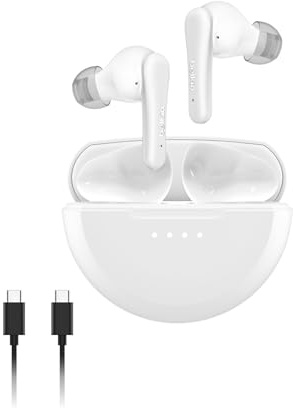 Belkin SoundForm Rhythm True Wireless-Trådlösa Hörlurar med Aktiv Brusreducering (ANC) och Inbyggd Mikrofon, Snabbladdning via USB-C, 28h Batteri, IPX5 Vattentålighet, Bluetooth-Hörlurar - Vita